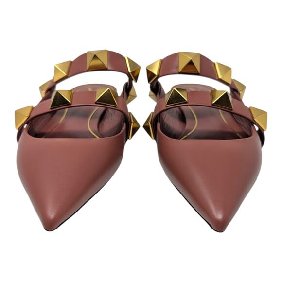Valentino Garavani Roman stud leather pointed toe flat mule gold brown 38 - Picture 3 of 13